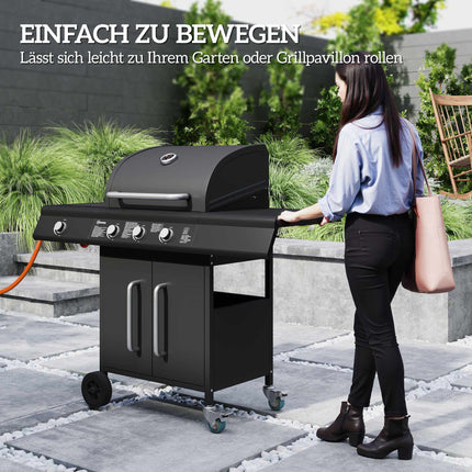 4-Burner Gas Grill with Side Burner, Storage, Black