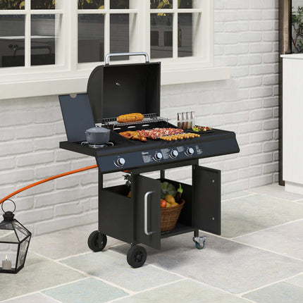 4-Burner Gas Grill with Side Burner, Storage, Black