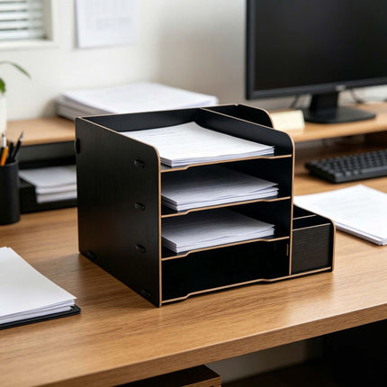4-Compartment MDF Desk Organiser Tray, Dark Brown