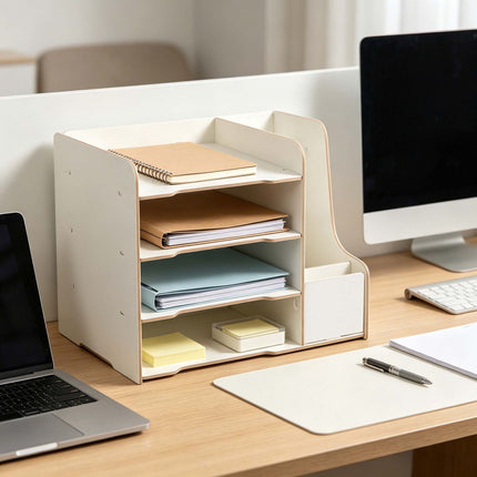 4-Compartment MDF Desk Organiser, Wood-Effect Finish