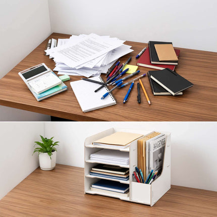 4-Compartment MDF Desk Organiser, Wood-Effect Finish