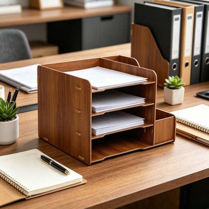4-Compartment MDF Desk Organiser, Wood-Effect Finish