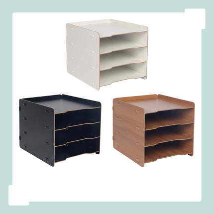 4-Compartment MDF File Tray, Dark Brown Wood-Effect