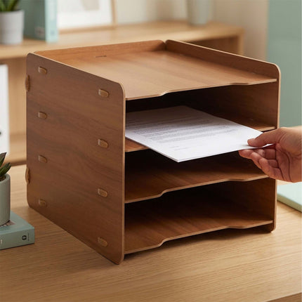 4-Compartment MDF File Tray, Dark Brown Wood-Effect