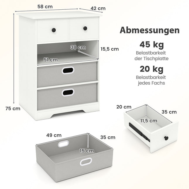4-Drawer Dresser with Open Shelves, White, 58x42x75 cm