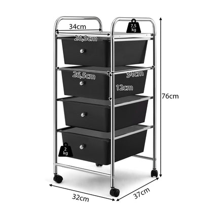 4-Drawer Rolling Storage Cart with Metal Frame, Black