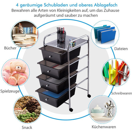 4-Drawer Rolling Storage Cart with Metal Frame, Black