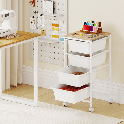 4-Drawer Rolling Storage Cart with Wooden Top, Lockable Wheels