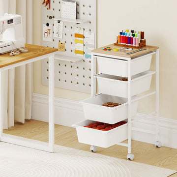 4-Drawer Rolling Storage Cart with Wooden Top, Lockable Wheels