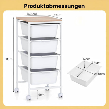 4-Drawer Rolling Storage Cart with Wooden Top, Lockable Wheels
