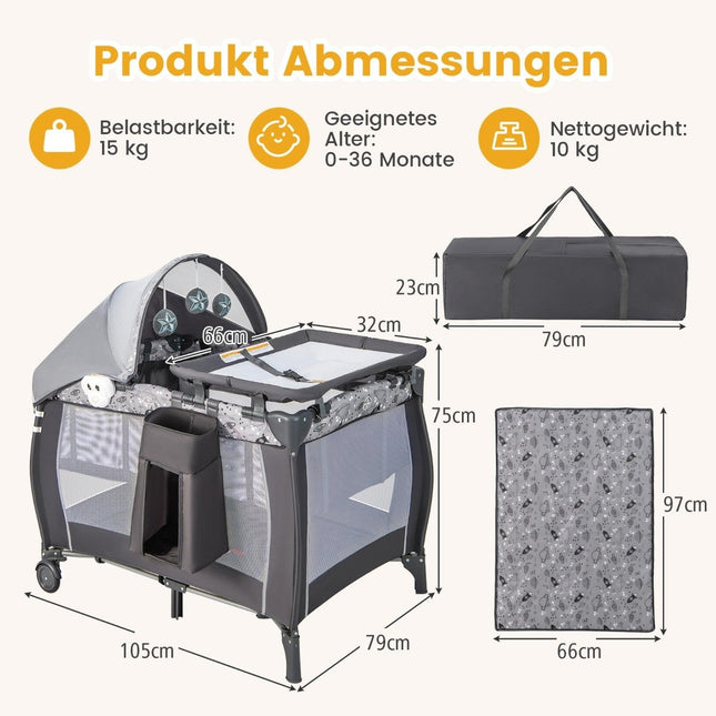 4 IN 1 Baby Bed Portable Side Bed Travel Bed with Foldable Mattress & Changing Table Light Gray