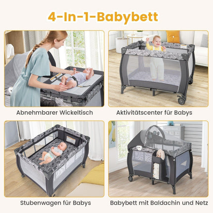 4 IN 1 Baby Bed Portable Side Bed Travel Bed with Foldable Mattress & Changing Table Light Gray