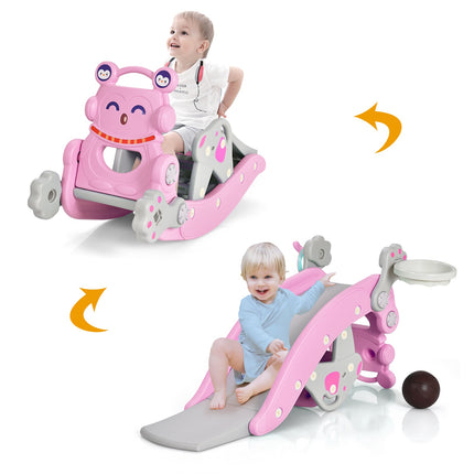 4-In-1 Rocking Horse Slide Set, Pink, Basketball Hoop