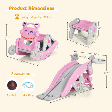 4-In-1 Rocking Horse Slide Set, Pink, Basketball Hoop