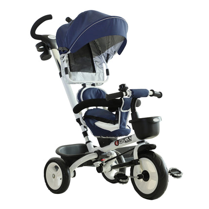 Blue 4-in-1 tricycle for children with safety belt and hood