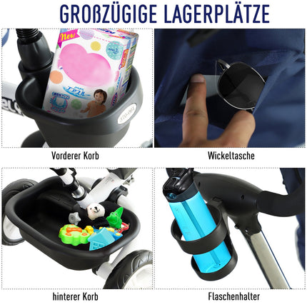 Blue 4-in-1 tricycle for children with safety belt and hood