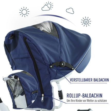 Blue 4-in-1 tricycle for children with safety belt and hood