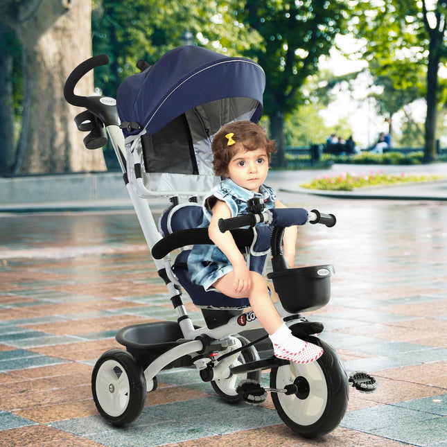 Blue 4-in-1 tricycle for children with safety belt and hood