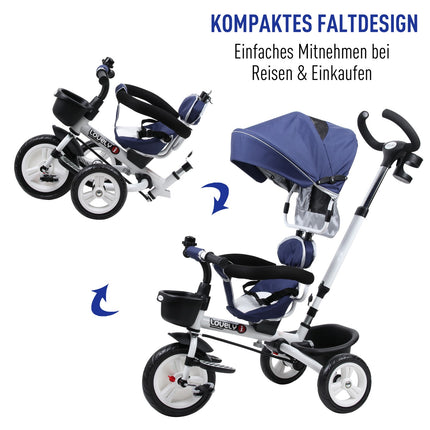 Blue 4-in-1 tricycle for children with safety belt and hood