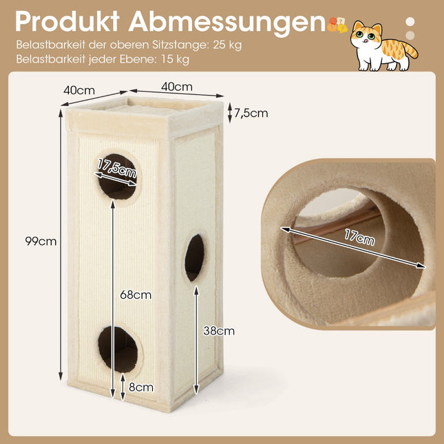 4-Level Cat Tower with 3 Hideouts & Cushions, Natural