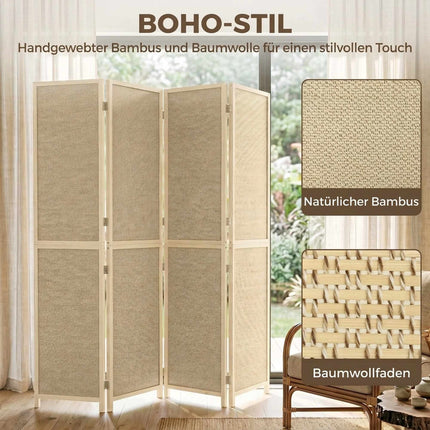 4-Panel Bamboo Room Divider, Handwoven, 180x180 cm, Natural