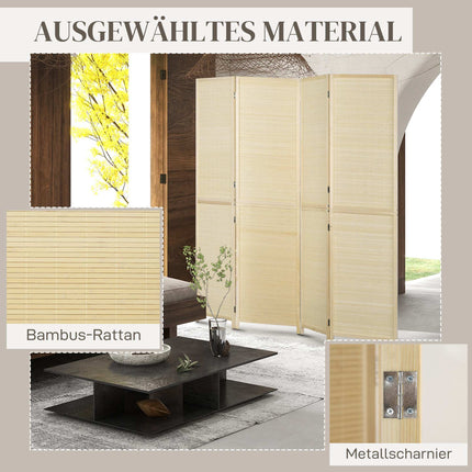 4-Panel Bamboo Room Divider, Natural Wood Finish
