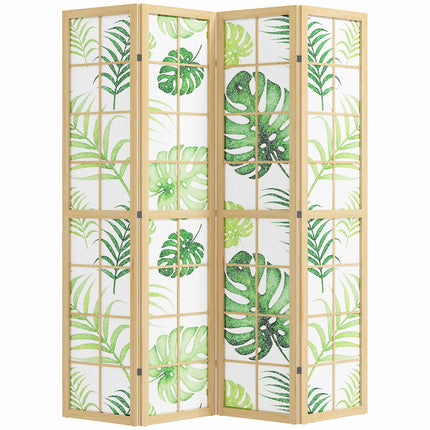 4-Panel Folding Room Divider, Boho Palm Design, Green