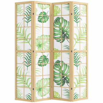 4-Panel Folding Room Divider, Boho Palm Design, Green