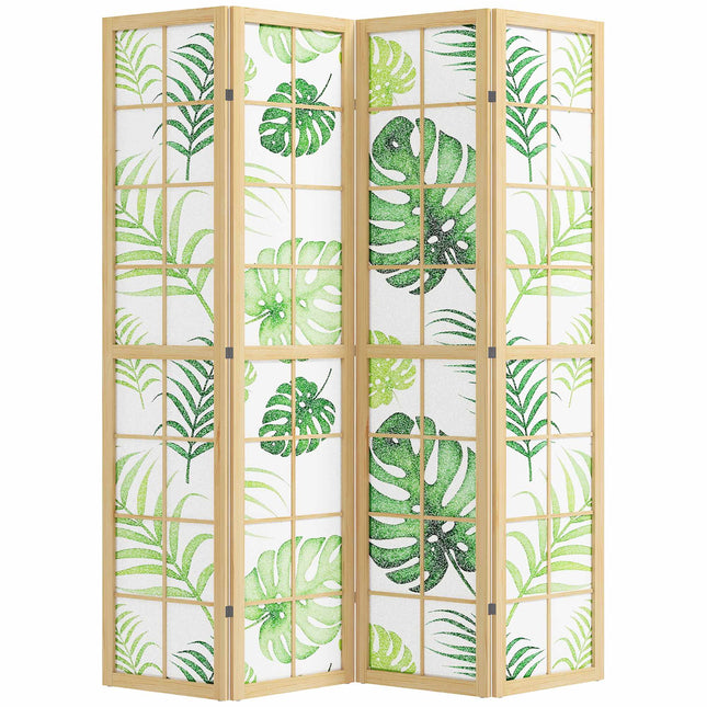 4-Panel Folding Room Divider, Boho Palm Design, Green