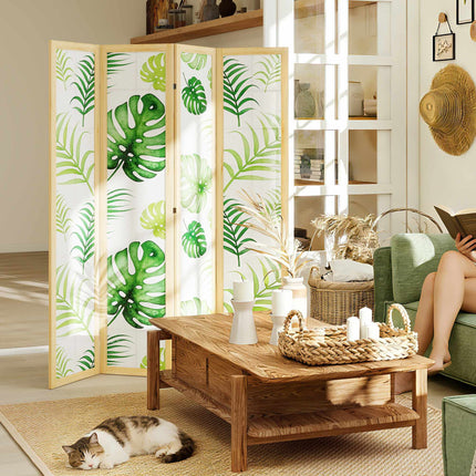 4-Panel Folding Room Divider, Boho Palm Design, Green