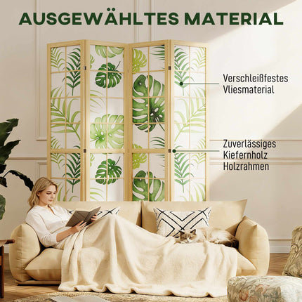 4-Panel Folding Room Divider, Boho Palm Design, Green