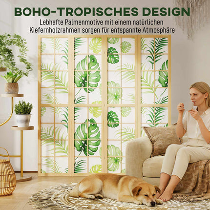 4-Panel Folding Room Divider, Boho Palm Design, Green
