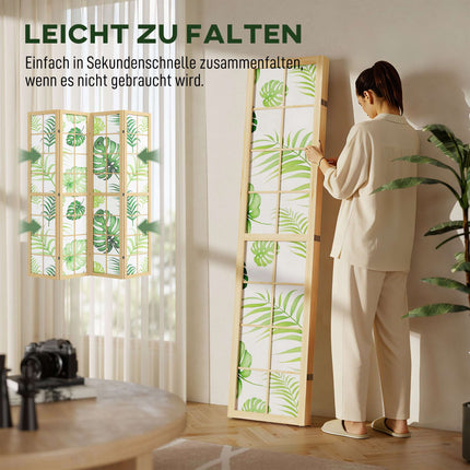 4-Panel Folding Room Divider, Boho Palm Design, Green