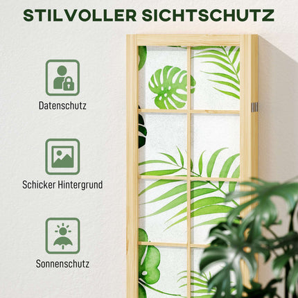 4-Panel Folding Room Divider, Boho Palm Design, Green