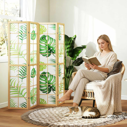 4-Panel Folding Room Divider, Boho Palm Design, Green