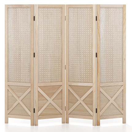 4-Panel Folding Room Divider with Pegboard, Natural Wood