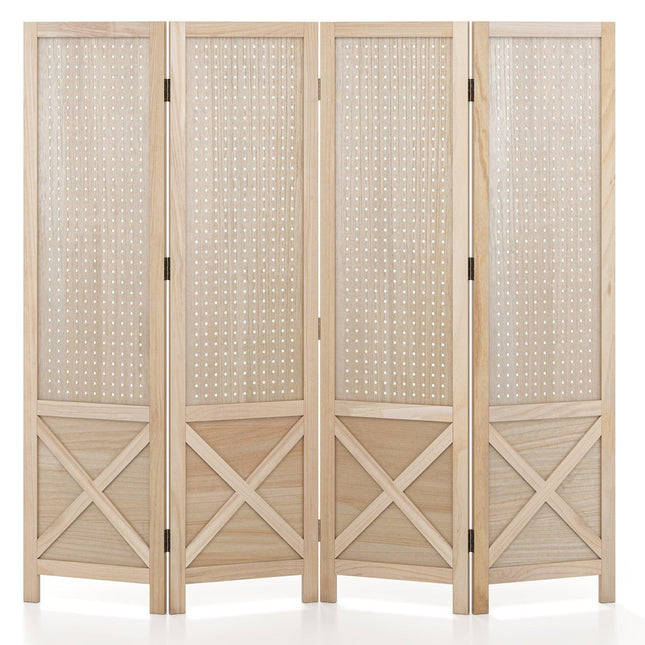 4-Panel Folding Room Divider with Pegboard, Natural Wood