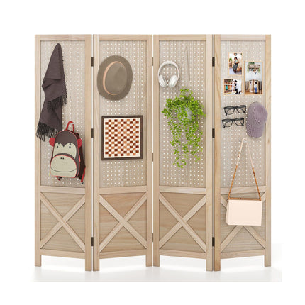 4-Panel Folding Room Divider with Pegboard, Natural Wood