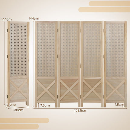 4-Panel Folding Room Divider with Pegboard, Natural Wood
