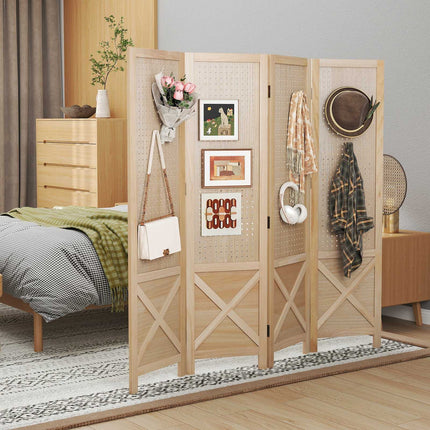 4-Panel Folding Room Divider with Pegboard, Natural Wood