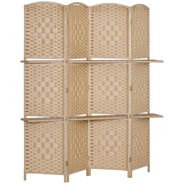 4-Panel Folding Room Divider with Shelves, Natural Wood