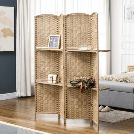 4-Panel Folding Room Divider with Shelves, Natural Wood