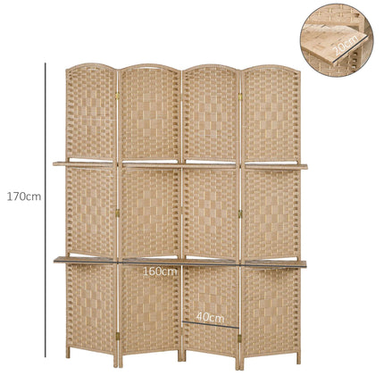 4-Panel Folding Room Divider with Shelves, Natural Wood