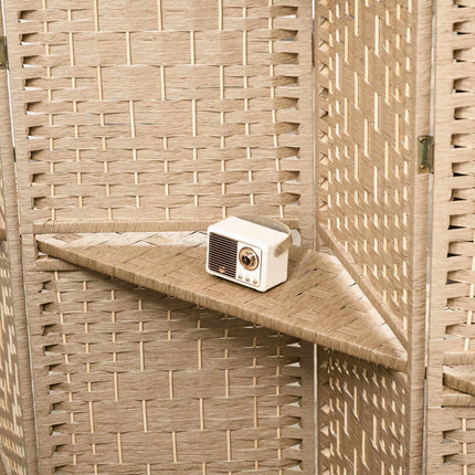 4-Panel Folding Room Divider with Shelves, Natural Wood