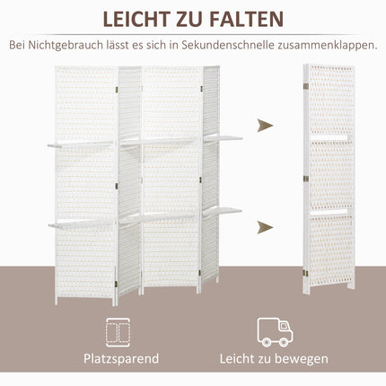 4-Panel Folding Room Divider with Shelves, Pine/Bamboo