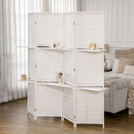 4-Panel Folding Room Divider with Shelves, Pine/Bamboo