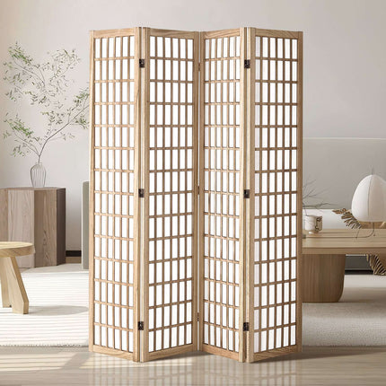 4-Panel Japanese Folding Room Divider, Natural Wood