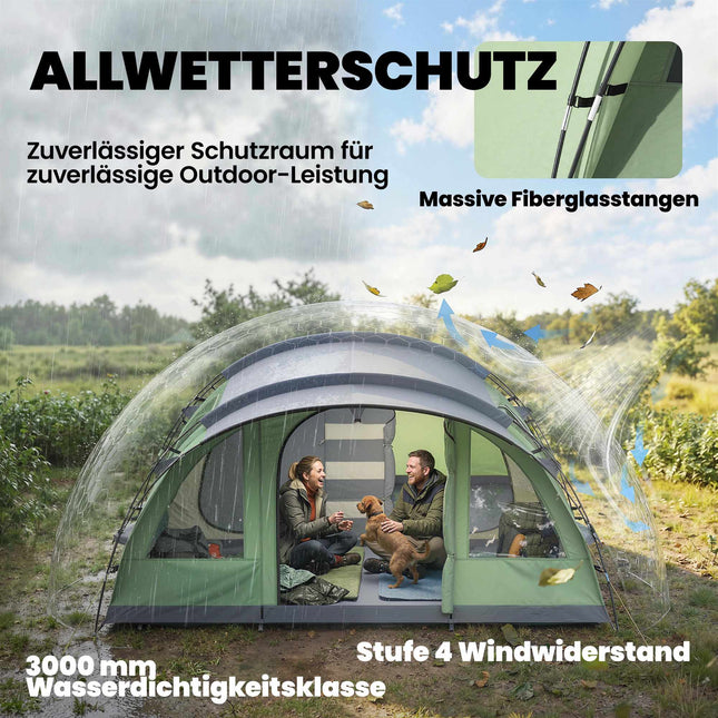 4-Person Tunnel Tent with 2 Rooms, 196cm Height, Waterproof
