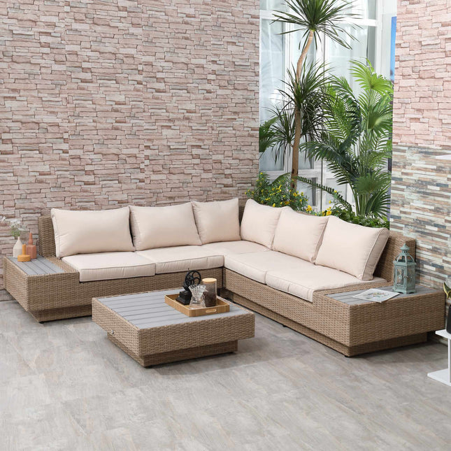 4-Piece Brown Polyrattan Outdoor Furniture Set with Cushions