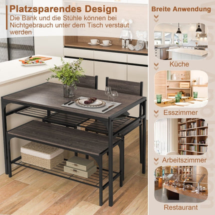 4-Piece Dining Set with Table, 2 Chairs & Bench, Grey